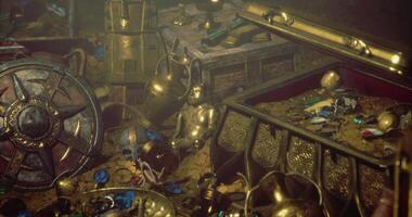 CGI Treasure trove filled with gold coins and artifacts in a darkened cavern video