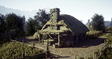 CGI Old rustic cottage surrounded by nature near a forested area in daylight video
