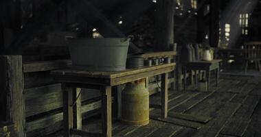 CGI Rustic wooden cabin interior featuring a table with cooking supplies video