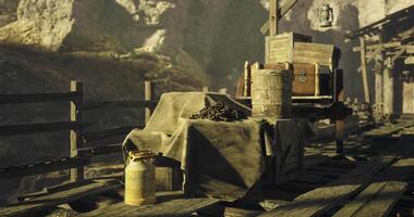 CGI Old wooden mine background with lanterns and tools for exploration video