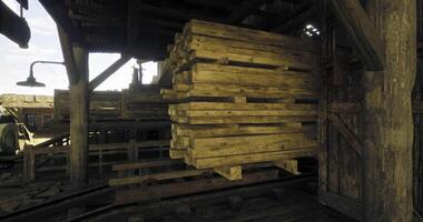 CGI Wooden pallets stacked in a rustic warehouse during daylight hours video