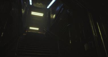 CGI Exploring a dimly lit stairway with bright overhead lights during nighttime video