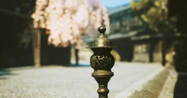 CGI Decorative metal pillar stands in a tranquil street lined with cherry blossoms video