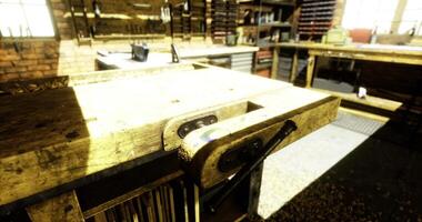 CGI Woodworking workshop with sunlight streaming through windows and tools visible video