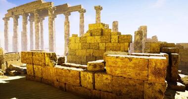 CGI Exploring ancient stone structures under clear skies in desert terrain video