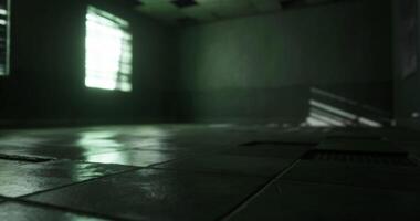 CGI Dimly lit abandoned room with green light filtering through windows video
