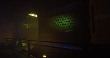 CGI Foggy industrial corridor with eerie lighting and geometric patterns at night video