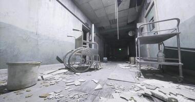 CGI Abandoned hospital hallway with debris and empty wheelchair in dim light video