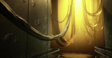CGI Colorful light shines through a corridor surrounded by cables and walls video