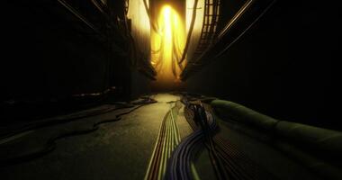 CGI Mysterious corridor illuminated by warm light with tangled cables video