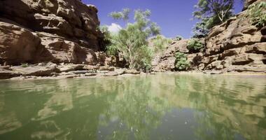 CGI Reflection of rocks and trees in tranquil water at natural oasis video