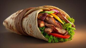 Warm pita shawarma filled with beef slices photography photo