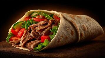 Studio photo of chicken shawarma roll on wooden board