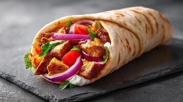 Savory pita wrap filled with juicy meat photography photo