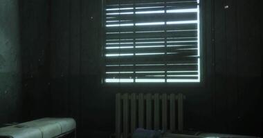 CGI Abandoned room with slatted window and discarded furniture in dim light video