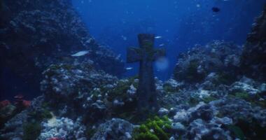 CGI Underwater exploration reveals forgotten cross in vibrant coral reef video