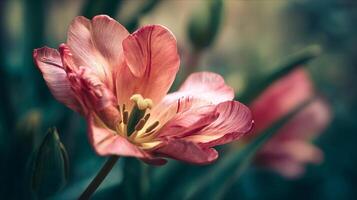 Blooming flower against blurred natural scenery background photo