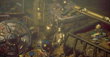 CGI Treasure trove filled with gold artifacts and jewels in a dimly lit cave video