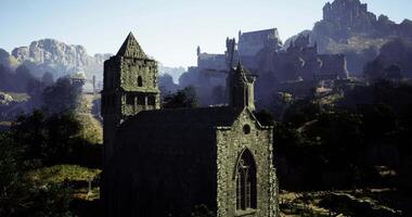 CGI Ancient stone church alongside majestic mountain landscape in daylight video