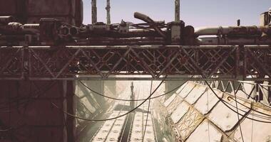CGI Exploration of an abandoned industrial area with rusty structures and machinery video