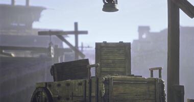 CGI Wooden cart on quiet street with fog and rustic buildings in view video