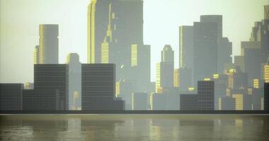 CGI City skyline at sunset with golden reflection on the water surface video