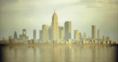 CGI Urban skyline reflects on water at dusk showcasing city architecture video