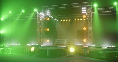 CGI Concert stage setup with bright lights and sound equipment for a live event video