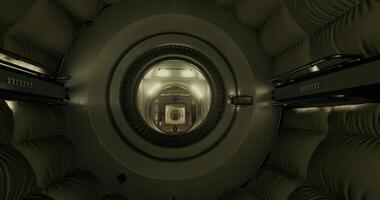 CGI Exploring the futuristic interior of a space habitat at night video