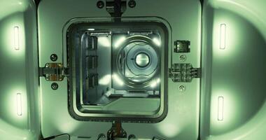 CGI View of futuristic technology with illuminated panels in a spacecraft video