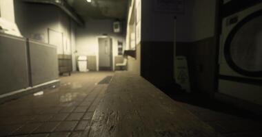 CGI Interior view of a dimly lit hallway in a public building during nighttime video