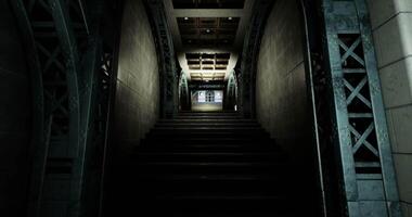 CGI Steps leading to a lighted doorway in a dimly lit corridor video