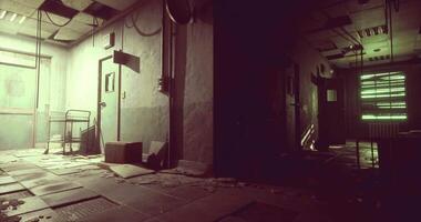 CGI Abandoned corridor with dim lighting and scattered debris in an old building video