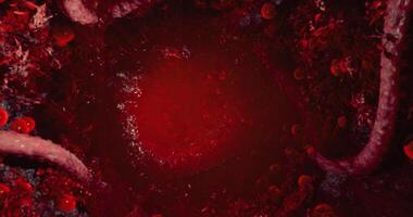 CGI Unique view of liquid substance with vibrant red hue and pocket structures video