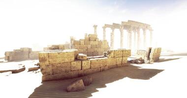 CGI Ruins of an ancient temple amidst a sandy desert landscape at dusk video