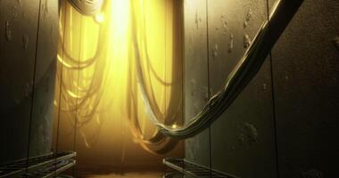 CGI Bright yellow light streams into a corridor with flowing cables and walls video