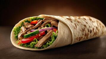 Fresh shawarma roll sandwich with meat and greens photography photo