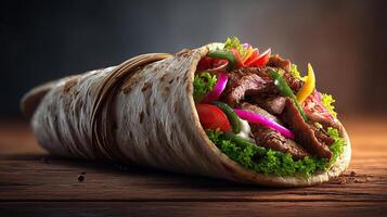 Tasty shawarma roll wrapped in soft pita photography photo