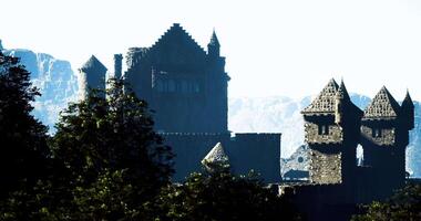 CGI Mystical castle silhouette against a bright sky in a distant landscape video