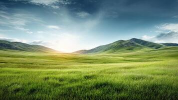 Photorealistic summer meadow image under bright sunny sky photo