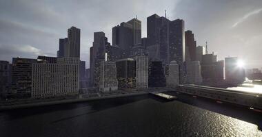CGI City skyline at dusk with reflections on tranquil water surface video