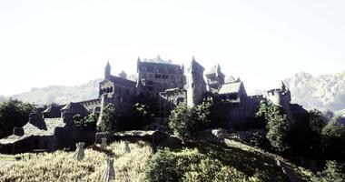 CGI Majestic castle on a hillside surrounded by lush greenery in daylight video