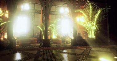 CGI Warm sunlight illuminates a Moroccan courtyard adorned with lush greenery video