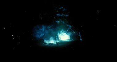 CGI Luminous blue ice formations glowing in the dark night sky video
