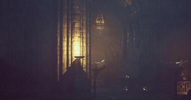 CGI Dimly lit ancient hall with flickering candles and stone walls video