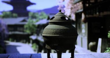 CGI Historical incense burner in traditional Japanese street setting video