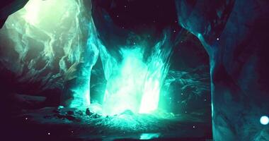 CGI Majestic glowing cave entrance illuminated by bright turquoise light video
