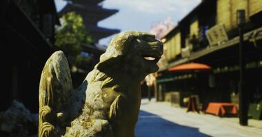 CGI Ancient stone lion guardian stands watch in traditional street setting video