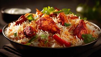 Full sharp biryani photo with authentic garnish and chicken