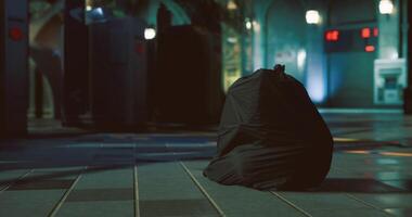 CGI Mysterious object rests on tiled floor in dimly lit urban environment at night video